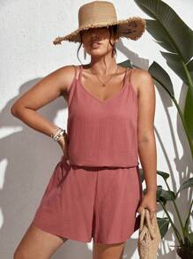 SHEIN Frenchy Bộ thời trang Plus Size màu trơn Giải trí - Bụi hồng - Xem 5