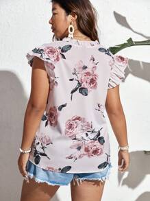 SHEIN Frenchy 大碼印花缺口領荷葉邊襯衫 - 杏色 - 查看 2