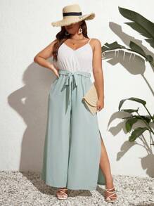 SHEIN Frenchy 大碼雙色高衩腰帶吊帶連體褲 - 彩色 - 查看 1