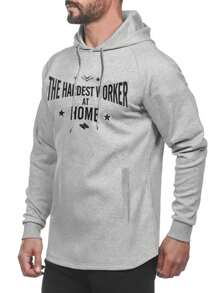 Men Slogan Graphic Raglan Sleeve Drawstring Sports Sweatshirt - Grey - View 1