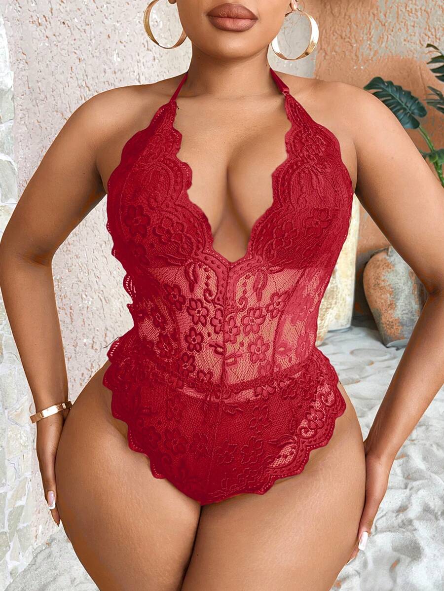 SHEIN SXY Plus Scallop Trim Lace Halter Bodysuit - Burgundy - View 1