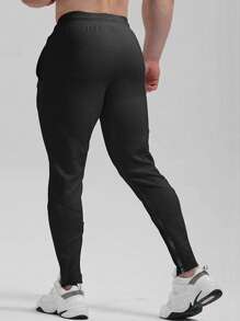 Hombres Pantalones deportivos de cintura con cordón con bolsillo oblicuo - Negro - Ver 2