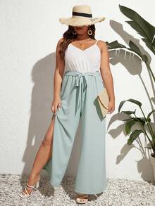 SHEIN Frenchy 大碼雙色高衩腰帶吊帶連體褲 - 彩色 - 查看 5