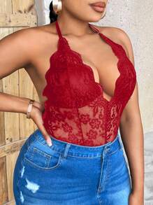 SHEIN SXY Plus Scallop Trim Lace Halter Bodysuit - Burgundy - View 5