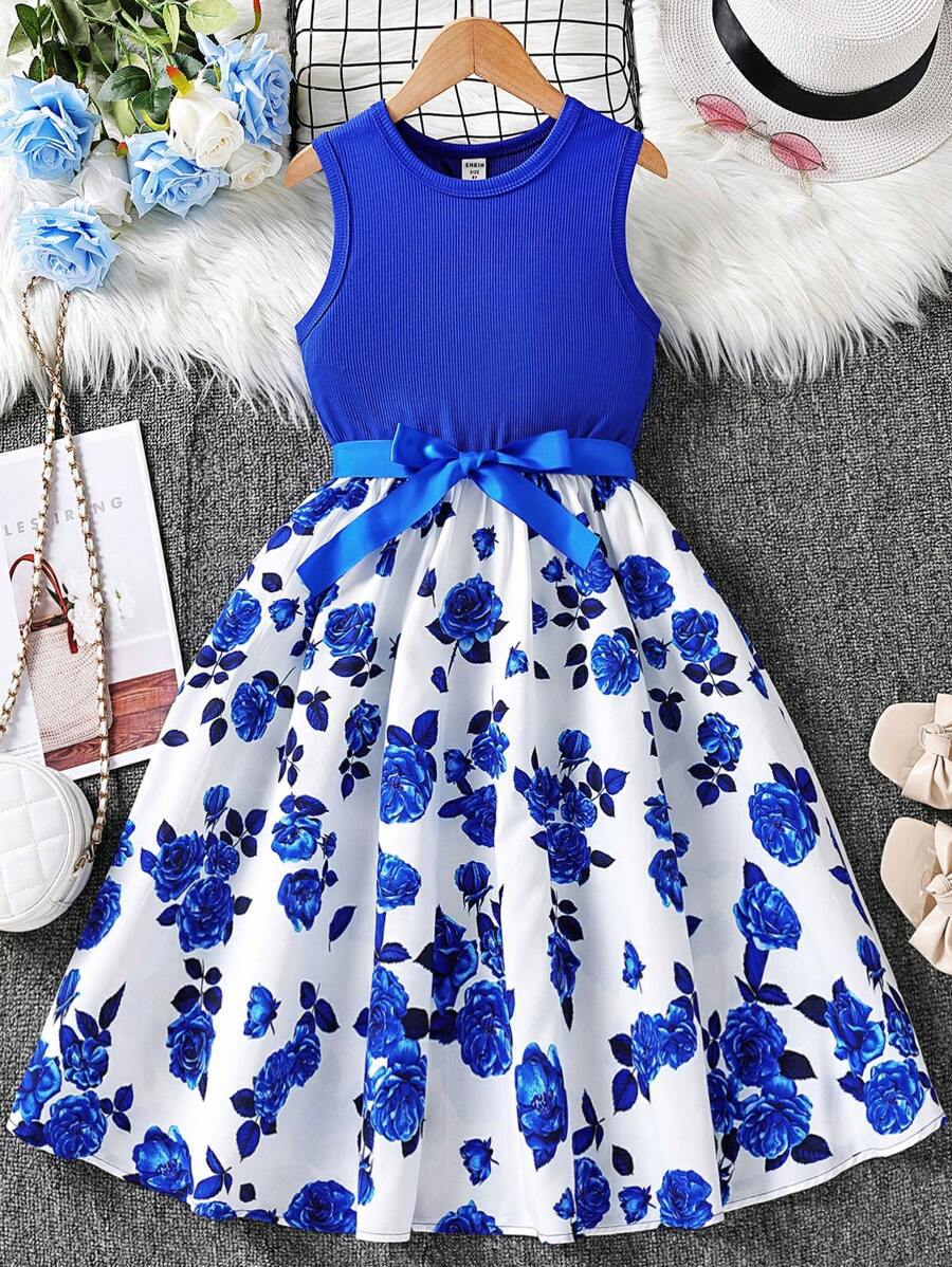 SHEIN Tween Girls' Elegant  Knitted Printed Waist-Cinching Dress - Blue and White - View 1