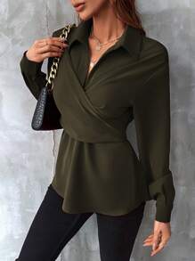 SHEIN Clasi 素色前圍裹襯衫 - 軍綠色 - 查看 4