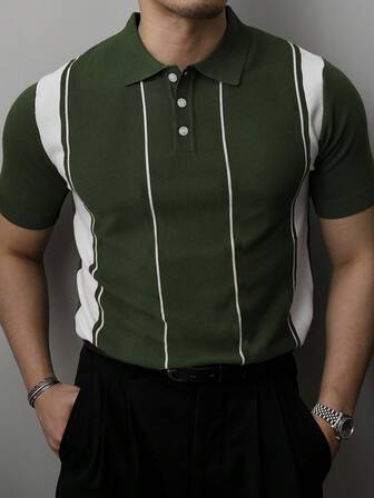 男士條紋圖案Polo領針織上衣