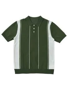 Men Striped Pattern Polo Neck Knit Top - Green - View 3