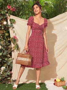 SHEIN VCAY Ditsy Floral Print Sweetheart Neck Ruffle Hem Dress - Red - View 1