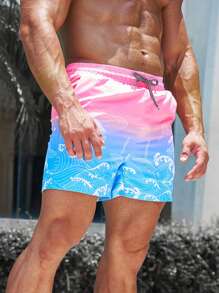 Manfinity Men Ombre Whale Print Drawstring Waist Swim Trunks - Multicolor - View 5
