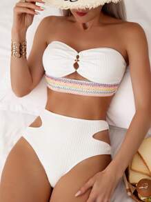 條紋織帶鏤空抹胸比基尼泳裝 - 白色 - 查看 1