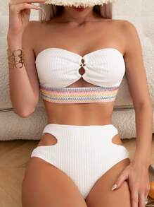 條紋織帶鏤空抹胸比基尼泳裝 - 白色 - 查看 8