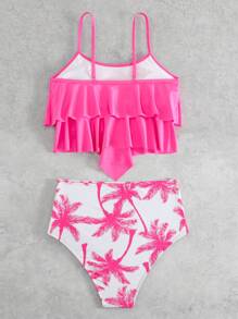 SHEIN Swim Summer Beach Palm Tree Print Ruffle Hem High Waisted Bikini Set - Hot Pink - View 2