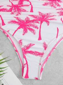 SHEIN Swim Summer Beach Palm Tree Print Ruffle Hem High Waisted Bikini Set - Hot Pink - View 3