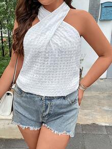 SHEIN Holidaya Áo sơ mi Plus Size Hội Chữ thập màu trơn Giải trí - trắng - Xem 6