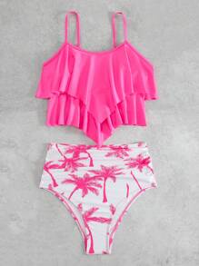 SHEIN Swim Summer Beach Palm Tree Print Ruffle Hem High Waisted Bikini Set - Hot Pink - View 4