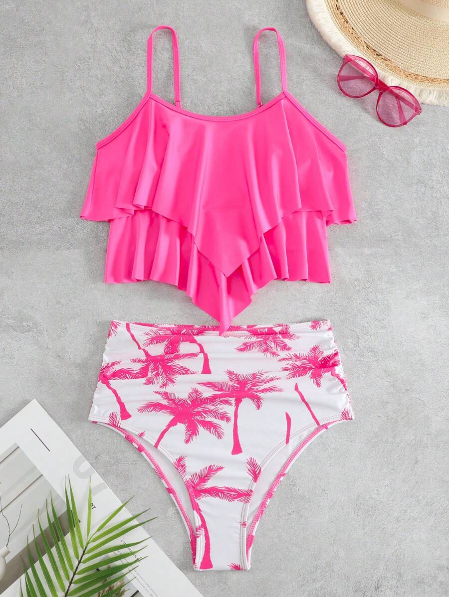 SHEIN Swim Summer Beach Palm Tree Print Ruffle Hem High Waisted Bikini Set - Hot Pink - View 1