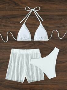 Halter Triangle Bikini Set For Summer With Beach Shorts - White - View 4