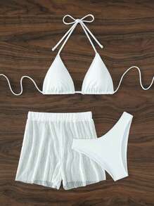 Halter Triangle Bikini Set For Summer With Beach Shorts - White - View 7