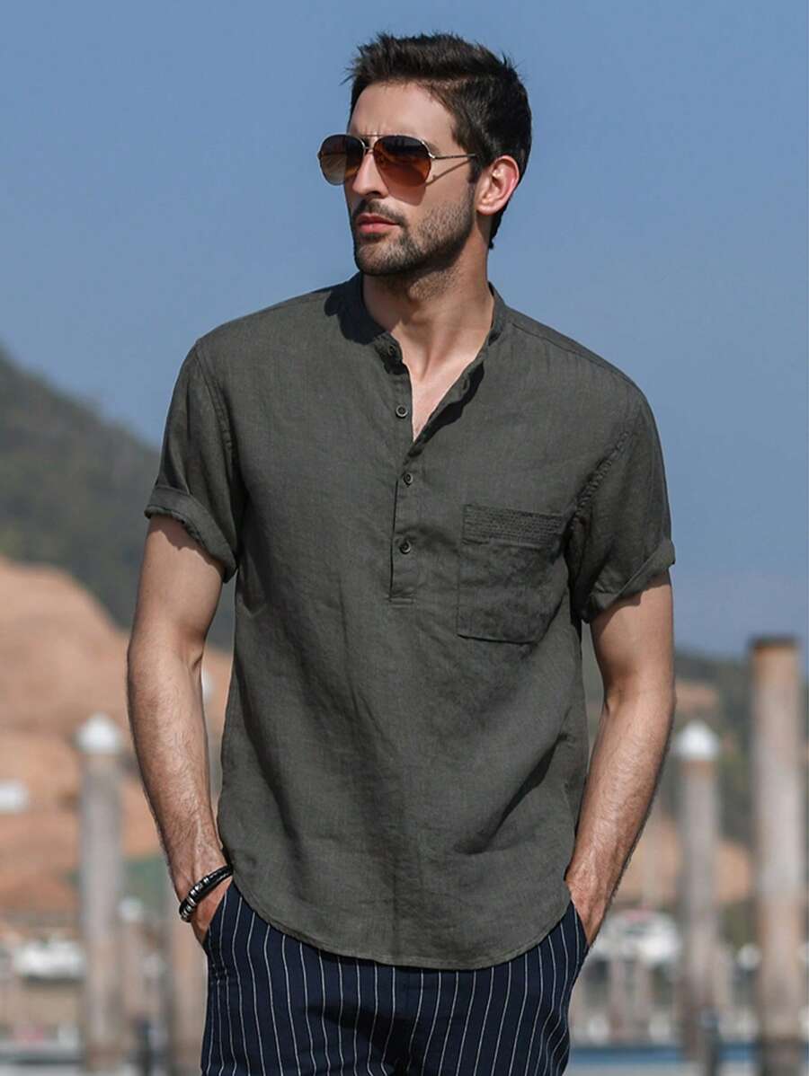 NITAGUT 男士素色半排扣襯衫 - 軍綠色 - 查看 1