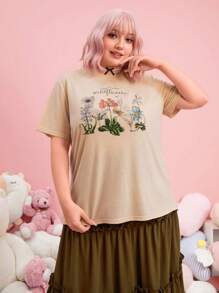 May Lee Plus Floral & Slogan Graphic Tee - Apricot - View 1
