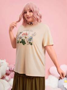 May Lee Plus Floral & Slogan Graphic Tee - Apricot - View 3