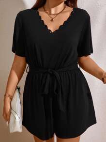 SHEIN LUNE 大碼貝殼邊腰帶連身短褲 - 黑色 - 查看 6