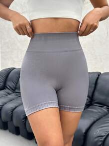 Wide Waistband Sports Shorts With Phone Pocket - Mauve Purple - View 5