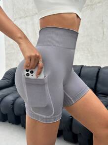 Wide Waistband Sports Shorts With Phone Pocket - Mauve Purple - View 1