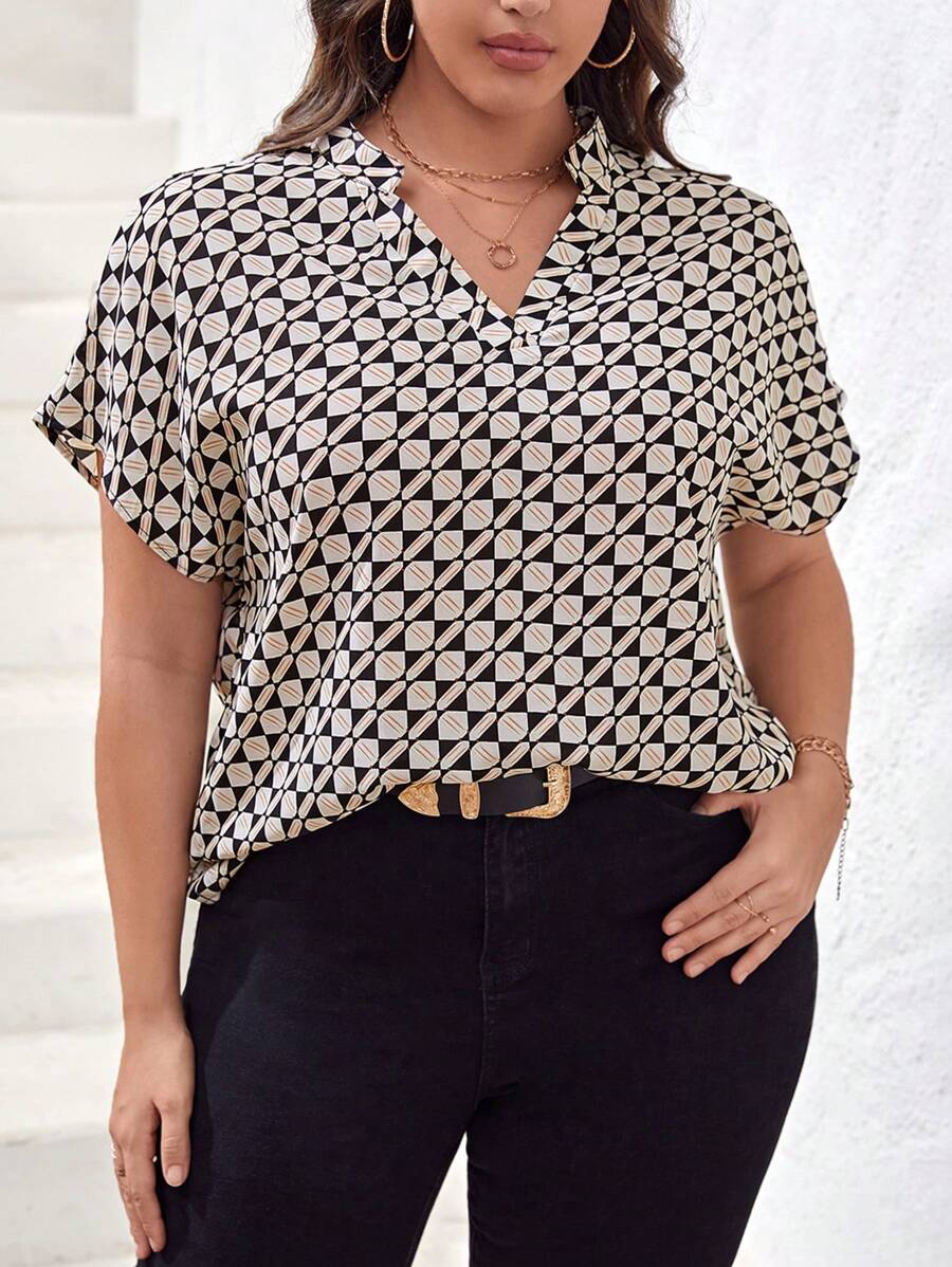 SHEIN Privé Plus Allover Print Batwing Sleeve Blouse - Multicolor - View 1