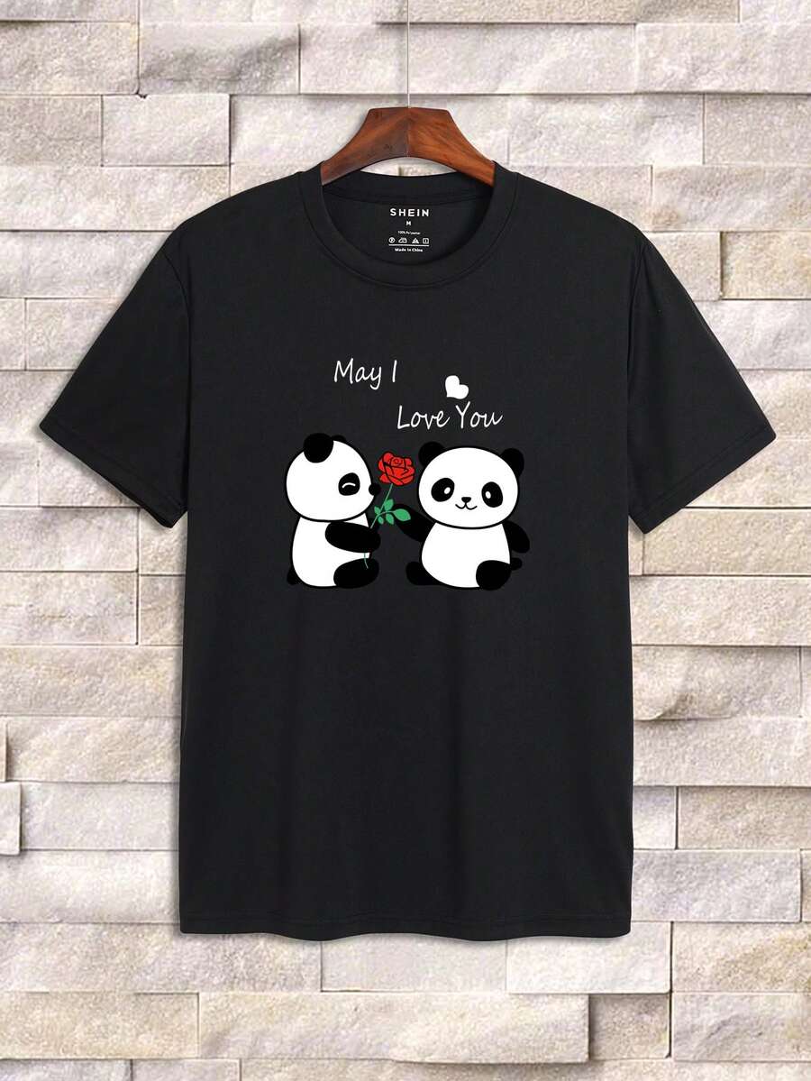 Hombres Camiseta panda con con estampado de slogan - Negro - Ver 1