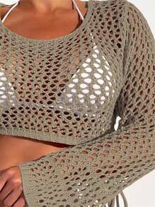 SHEIN Swim Top de pareos con abertura de croché - Marrón Mocha - Ver 4