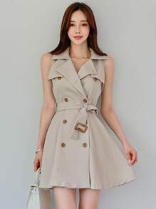 DAZY 雙排釦繫腰帶連衣裙 - 卡其色 - 查看 1