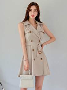 DAZY 雙排釦繫腰帶連衣裙 - 卡其色 - 查看 4