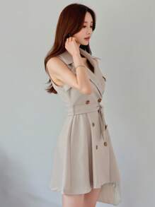 DAZY 雙排釦繫腰帶連衣裙 - 卡其色 - 查看 5