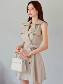 DAZY 雙排釦繫腰帶連衣裙 - 卡其色 - 查看 6