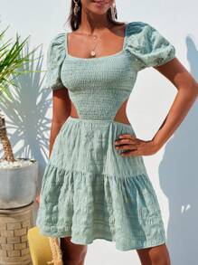 SHEIN VCAY 性感露背 荷葉邊 後系帶 打褶純色女士連衣裙 - 薄荷綠 - 查看 4