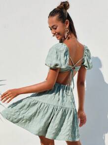 SHEIN VCAY 性感露背 荷葉邊 後系帶 打褶純色女士連衣裙 - 薄荷綠 - 查看 2