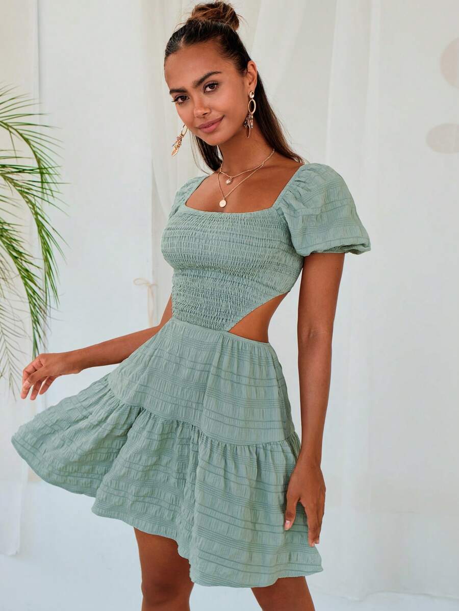 SHEIN VCAY 性感露背 荷葉邊 後系帶 打褶純色女士連衣裙 - 薄荷綠 - 查看 1
