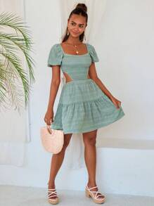 SHEIN VCAY 性感露背 荷葉邊 後系帶 打褶純色女士連衣裙 - 薄荷綠 - 查看 6