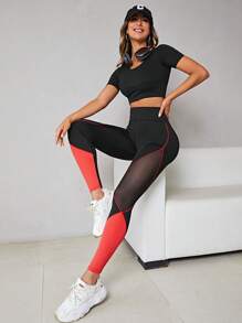 SHEIN Sport Studio Two Tone Mesh Insert Top-stitching Wideband Waist Sports Leggings