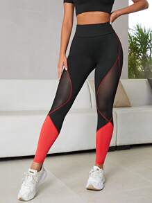 SHEIN Sport Studio Two Tone Mesh Insert Top-stitching Wideband Waist Sports Leggings