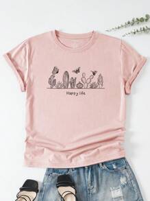 Áo thun Plus size Lá thư Thực vật Giải trí - Màu Hồng baby - Xem 1