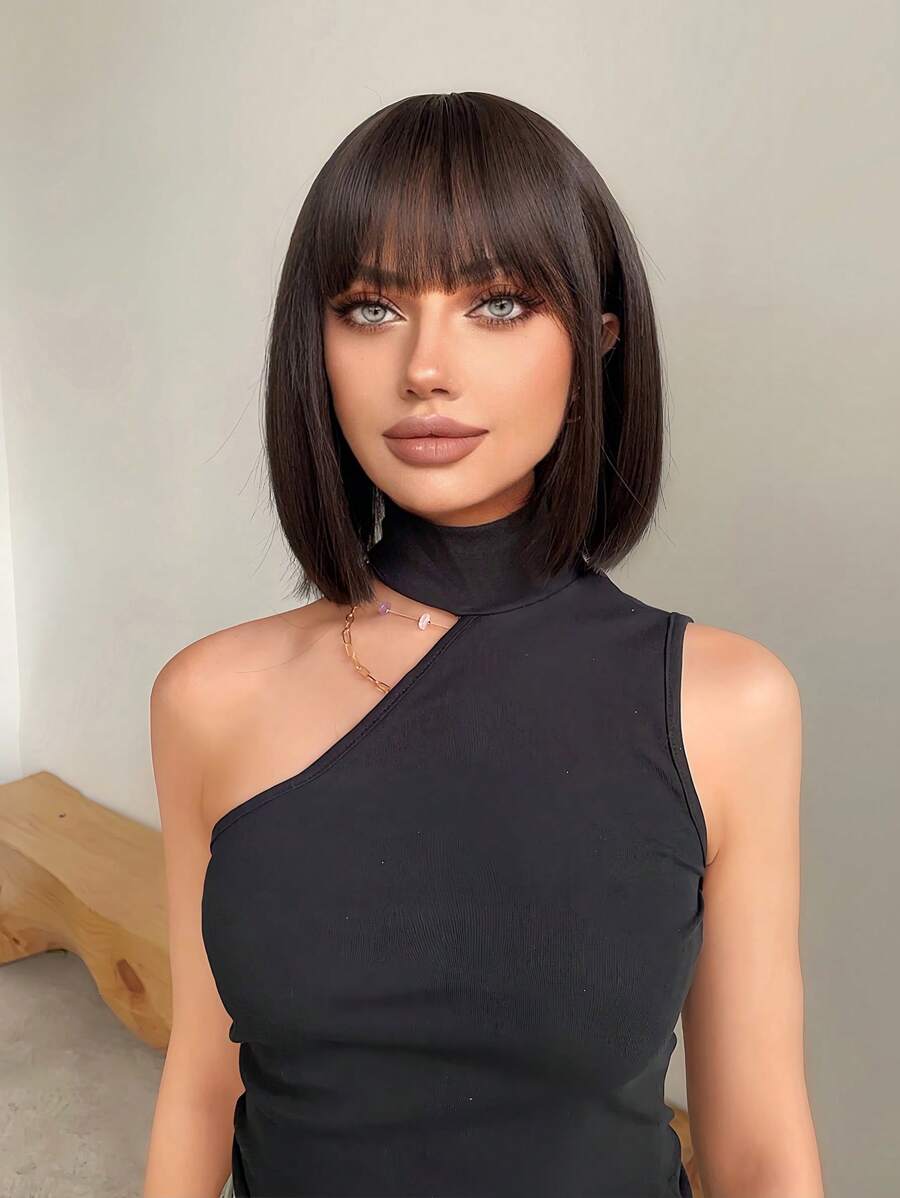 短直筒人造假髮帶劉海 - 黑色 - 查看 1