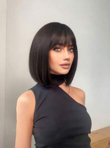 短直筒人造假髮帶劉海 - 黑色 - 查看 5