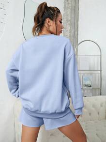 SHEIN EZwear 標語圖案落肩袖運動衫和短褲 - 藍色 - 查看 2