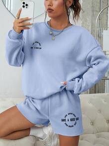 SHEIN EZwear 標語圖案落肩袖運動衫和短褲 - 藍色 - 查看 3