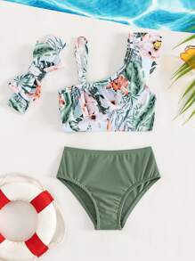 Baby Girl Tropical Print Ruffle Trim Beachwear With Headband Summer Beach