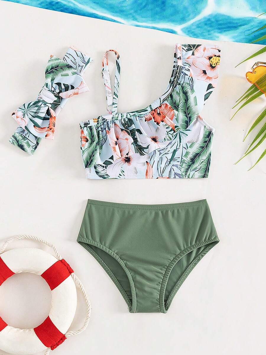 Baby Girl Tropical Print Ruffle Trim Beachwear With Headband Summer Beach