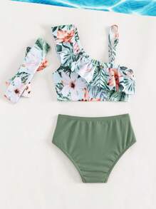 Baby Girl Tropical Print Ruffle Trim Beachwear With Headband Summer Beach